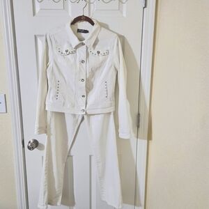 Earl Jeans Women's White Denim Jacket Rhinestone Buttons Lace Pants Set Sz 10